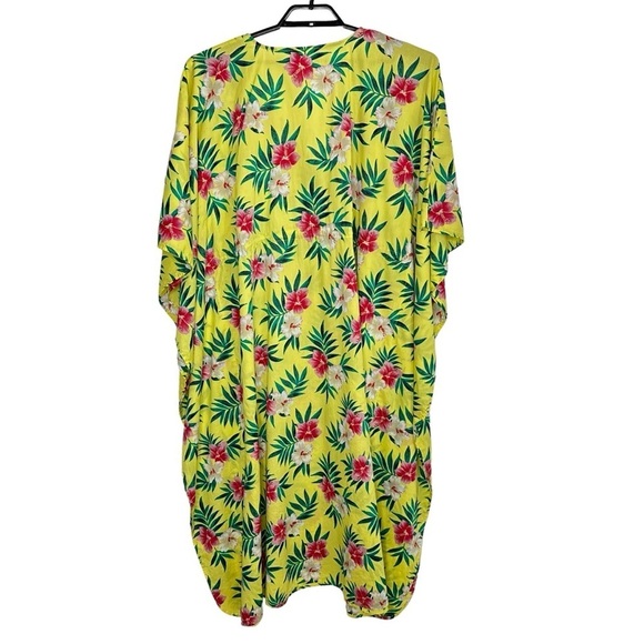 LANDS’ END Tropical Floral Maxi Kaftan Swim Coverup Sz XL Yellow V Neck Cotton - Picture 3 of 9